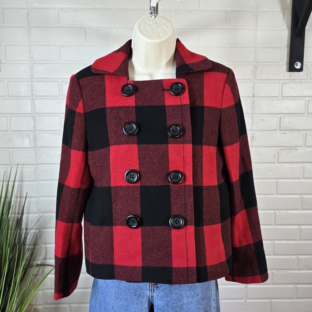 J. Crew Red Buffalo Plaid Double Breasted Cropped Pea Coat Jacket Small Or 6 - Picture 1 of 13